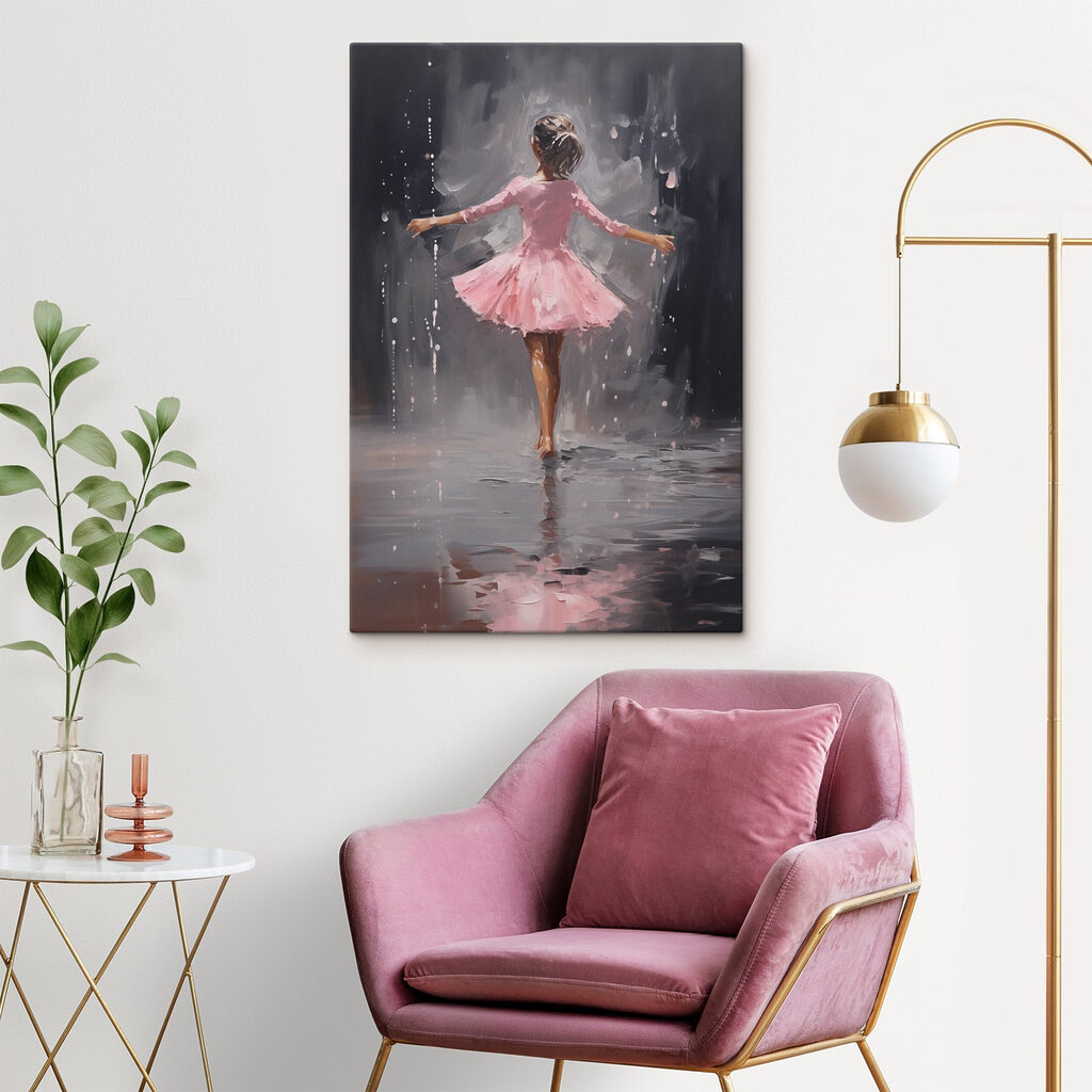 Painting of a girl in a pink dress dancing in the rain Painting of a girl in a pink dress dancing in the rain