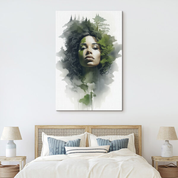 Woman with green leaves on her face