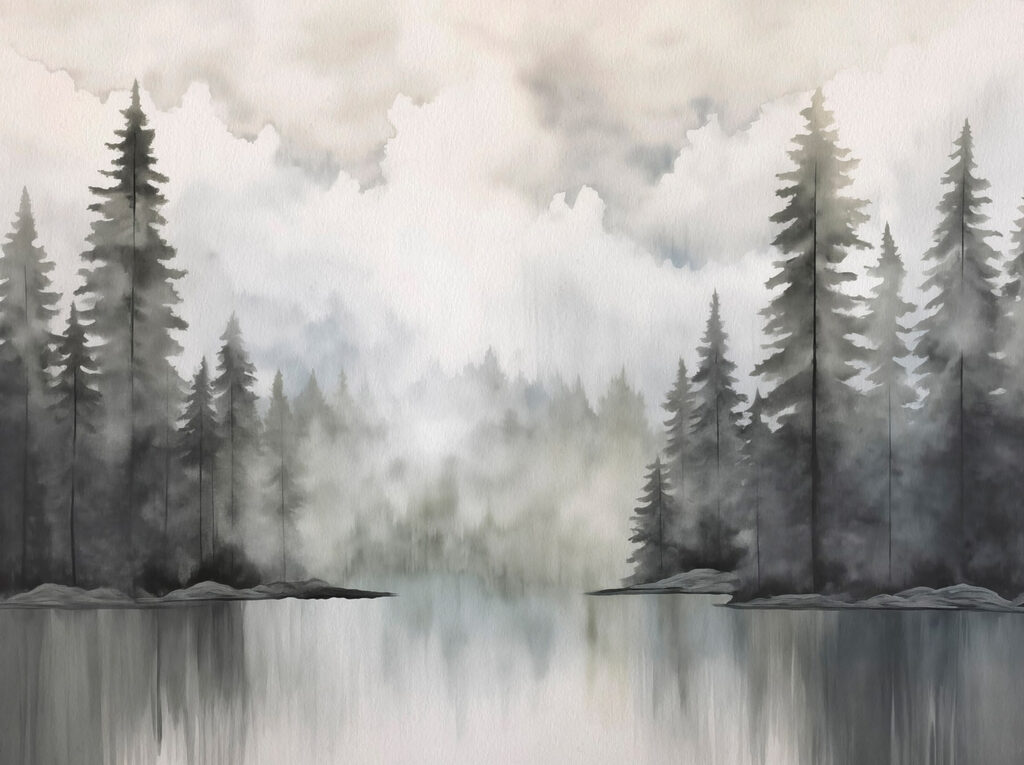 Watercolor painting of a forest and a lake