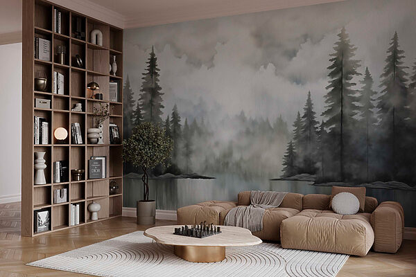 Watercolor painting of a forest and a lake