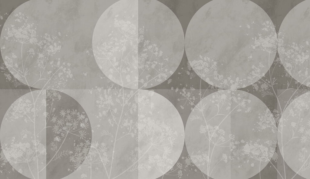 Papel pintado gris y blanco con círculos y flores blancas Papel pintado gris y blanco con círculos y flores blancas