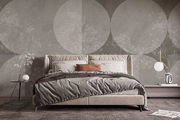 Papel pintado gris y blanco con círculos y flores blancas Papel pintado gris y blanco con círculos y flores blancas