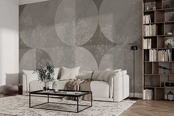 Papel pintado gris y blanco con círculos y flores blancas Papel pintado gris y blanco con círculos y flores blancas