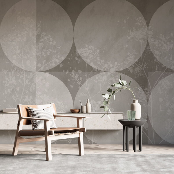 Papel pintado gris y blanco con círculos y flores blancas Papel pintado gris y blanco con círculos y flores blancas