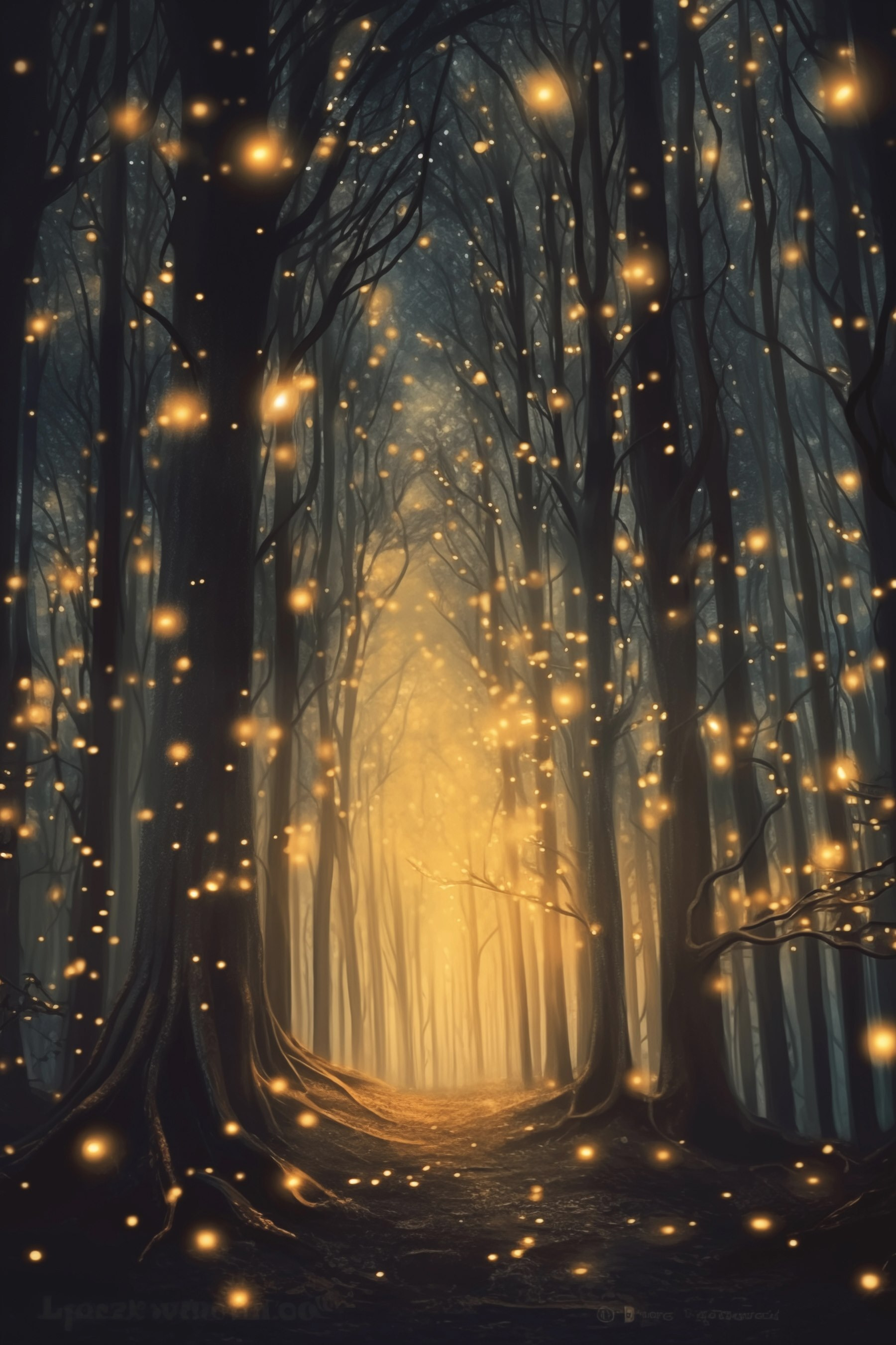 Path through a forest with many trees with lights Path through a forest with many trees with lights