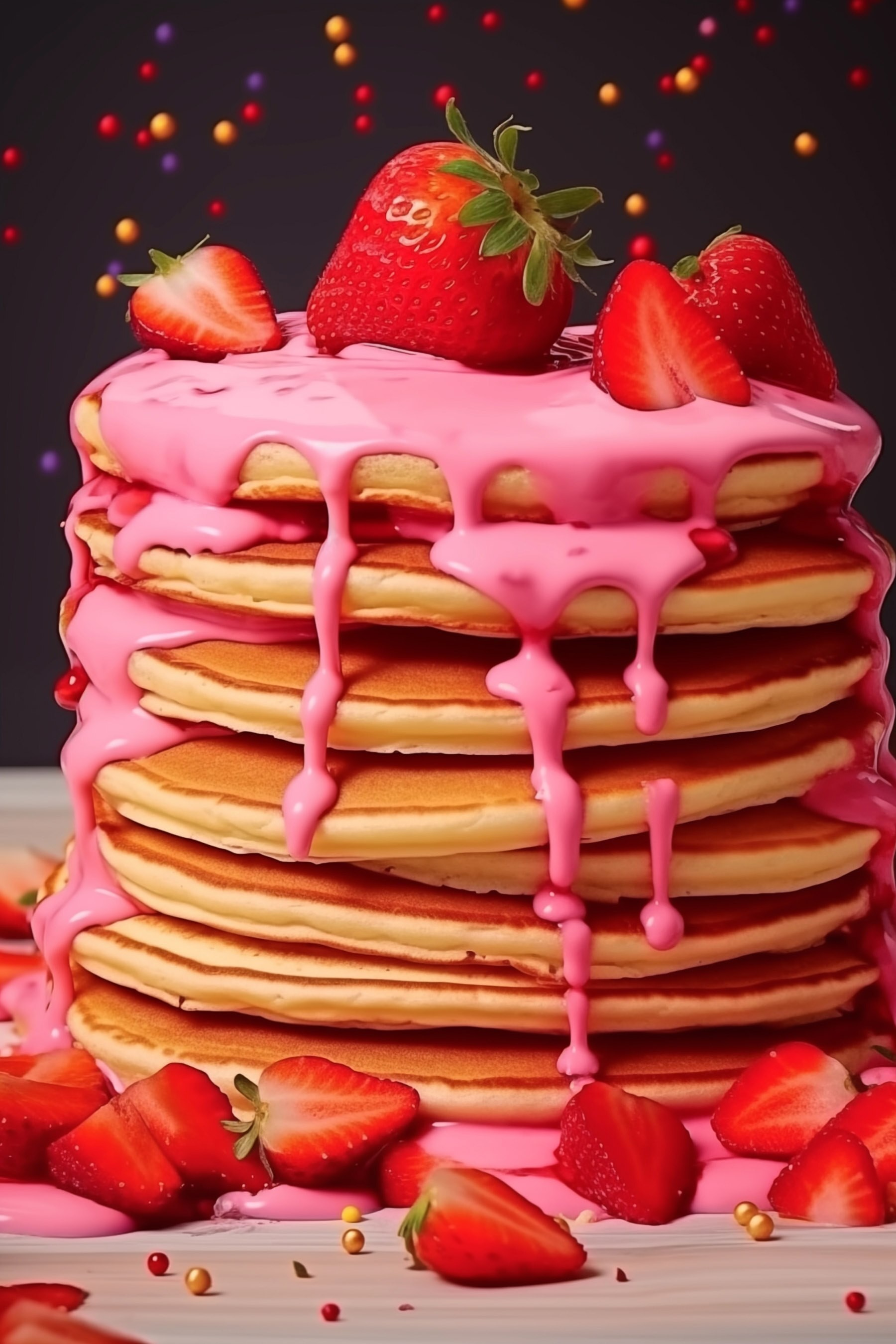 Stack of pancakes with pink frosting and strawberries Stack of pancakes with pink frosting and strawberries