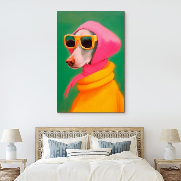 Cuadros Perro con un pañuelo rosa y gafas de sol