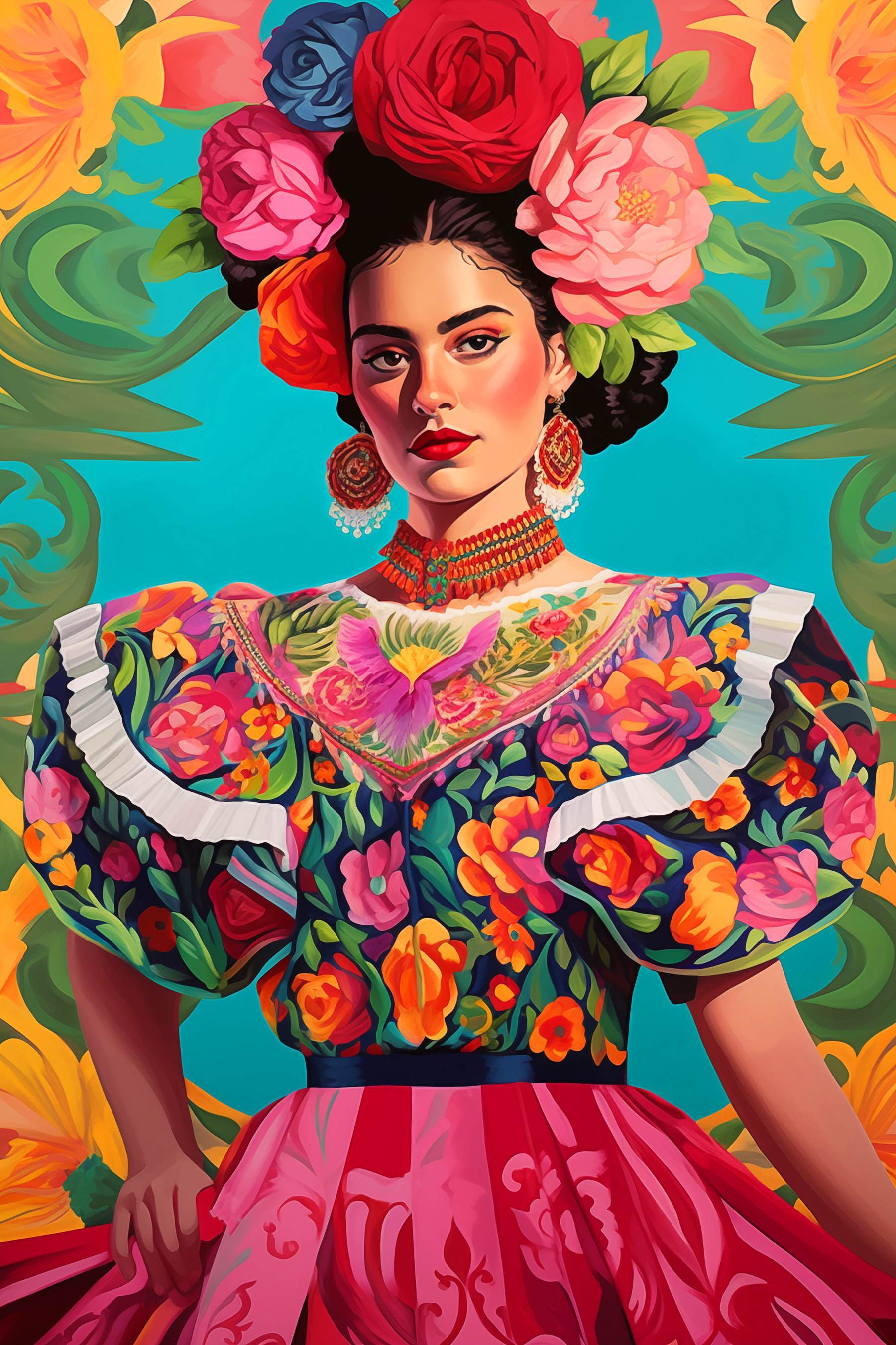 Woman wearing a colorful dress with flowers in her hair Woman wearing a colorful dress with flowers in her hair