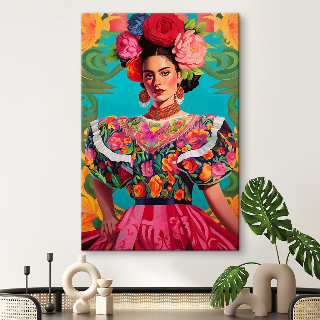 Woman wearing a colorful dress with flowers in her hair Woman wearing a colorful dress with flowers in her hair