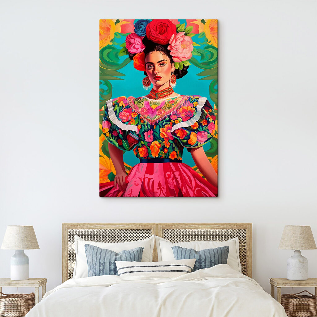 Woman wearing a colorful dress with flowers in her hair Woman wearing a colorful dress with flowers in her hair