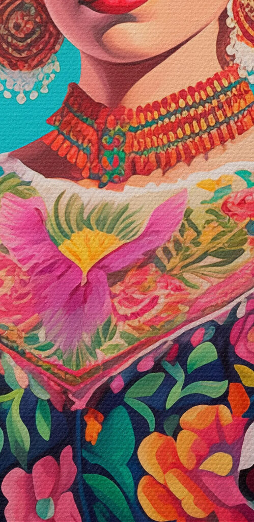 Woman wearing a colorful dress with flowers in her hair Woman wearing a colorful dress with flowers in her hair