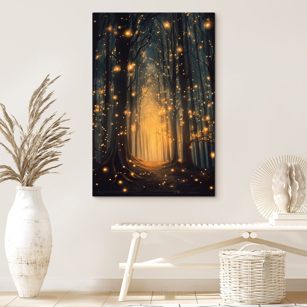 Path through a forest with many trees with lights Path through a forest with many trees with lights