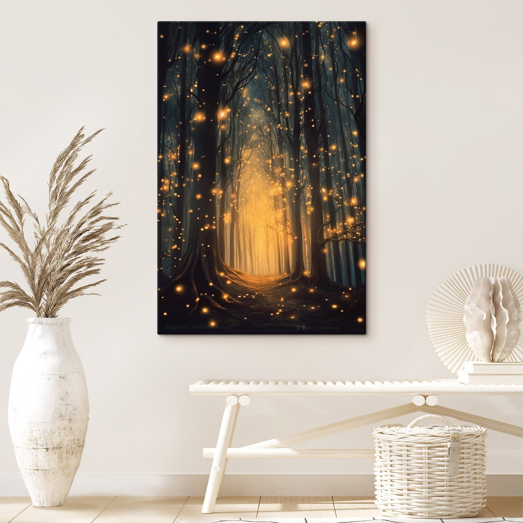 Path through a forest with many trees with lights Path through a forest with many trees with lights
