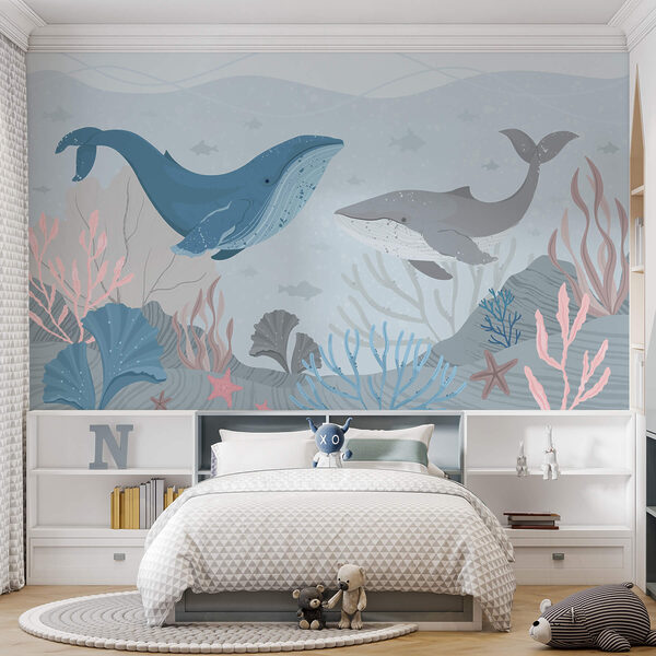 Fotomurales Fotomurales Ballena y ballena bajo el agua (SKU: w03378)