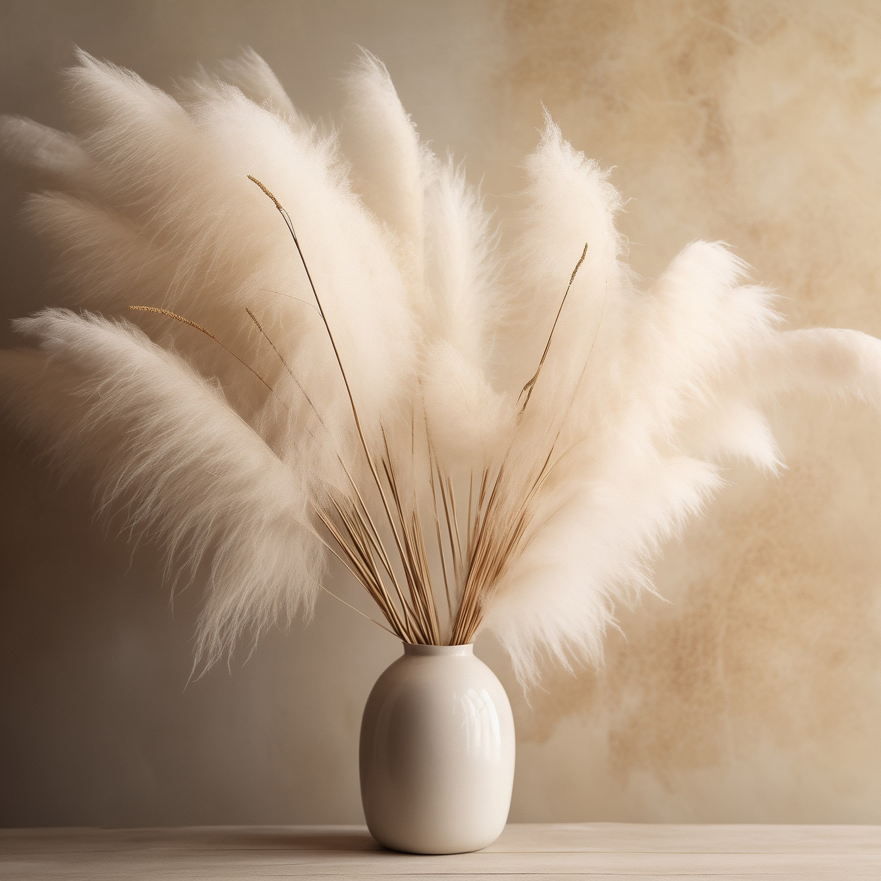 White vase with fluffy flowers White vase with fluffy flowers
