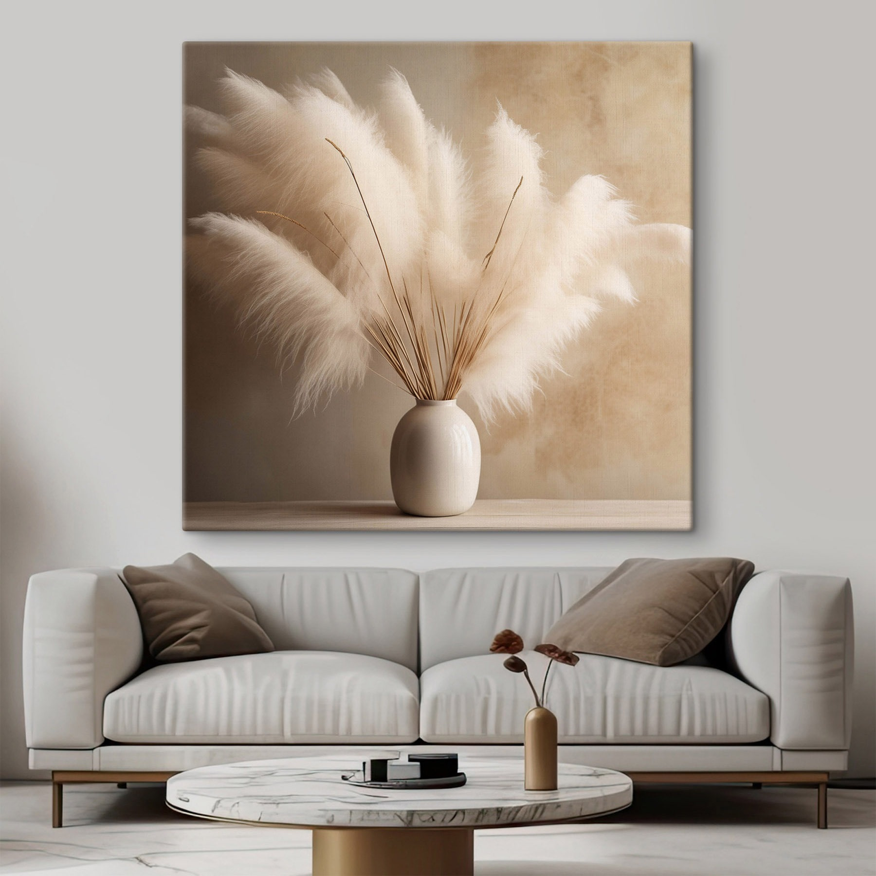 White vase with fluffy flowers White vase with fluffy flowers
