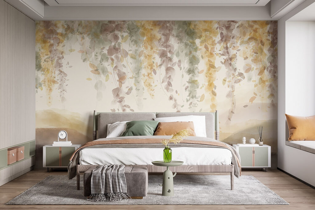 Painting of a landscape with leaves from the ceiling
