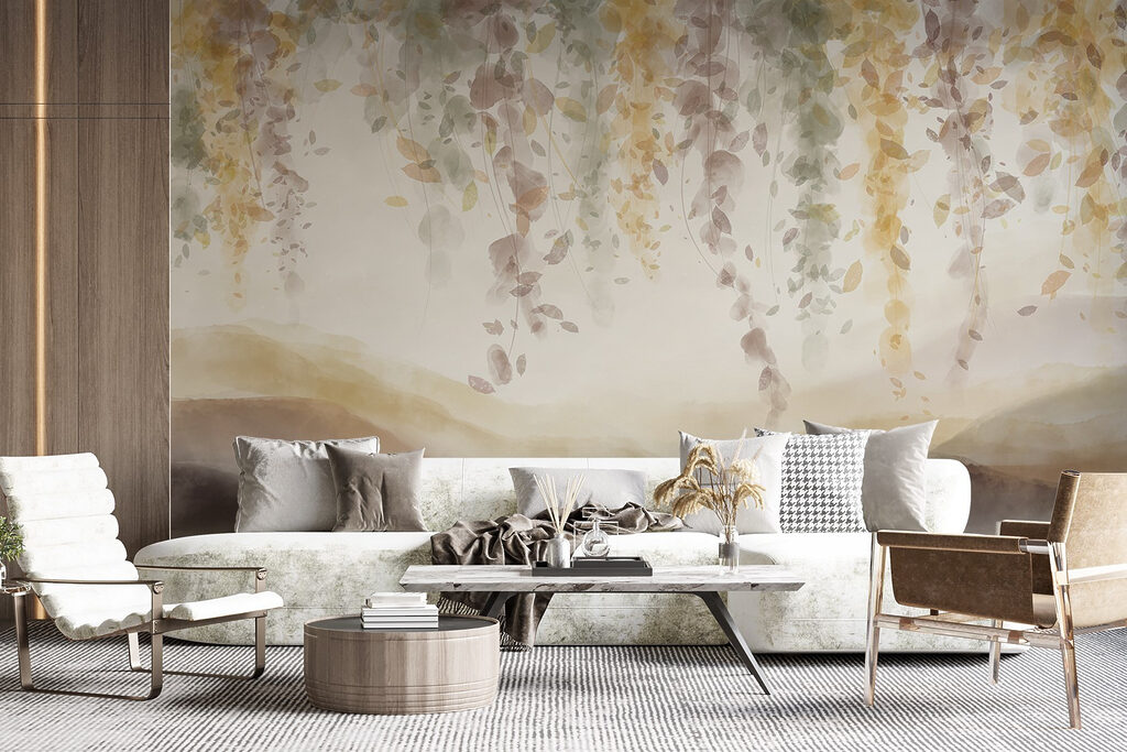 Painting of a landscape with leaves from the ceiling