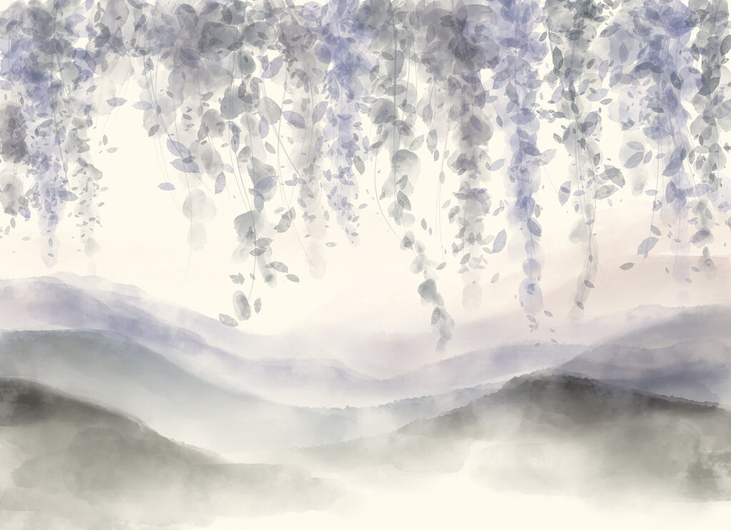 Pintura de un paisaje con niebla y hojas Pintura de un paisaje con niebla y hojas