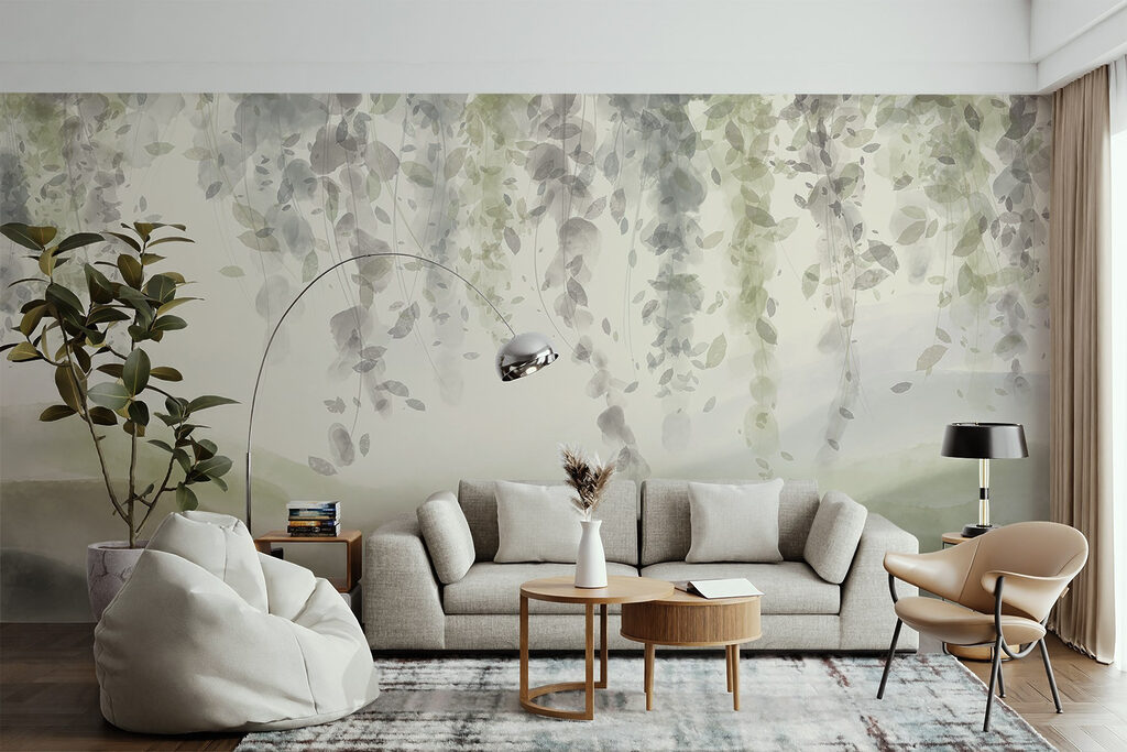 Painting of a landscape with leaves from the ceiling