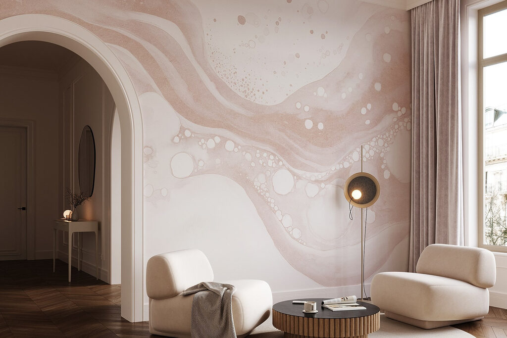 White and brown liquid with white circles and dots