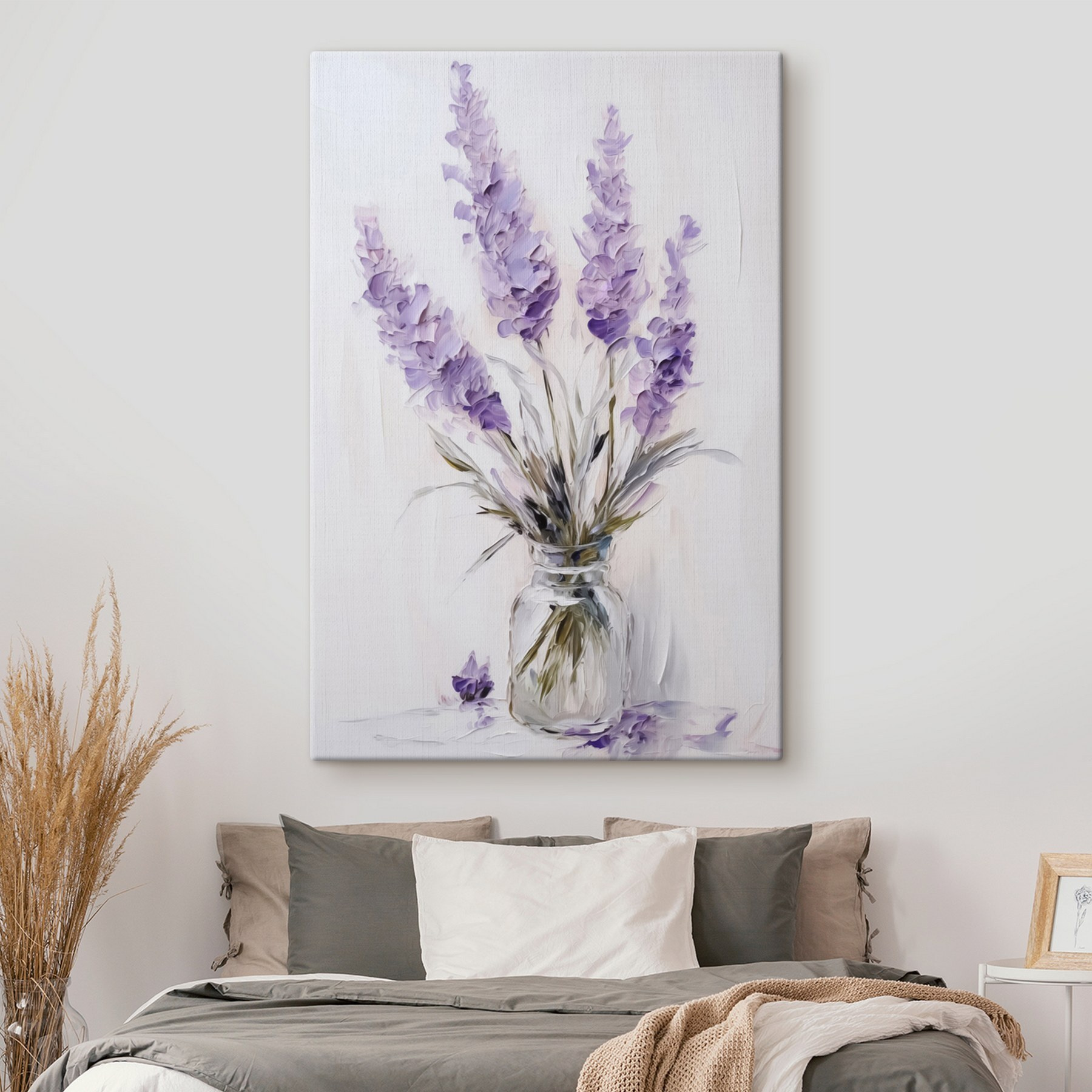 Painting of purple flowers in a glass vase Painting of purple flowers in a glass vase
