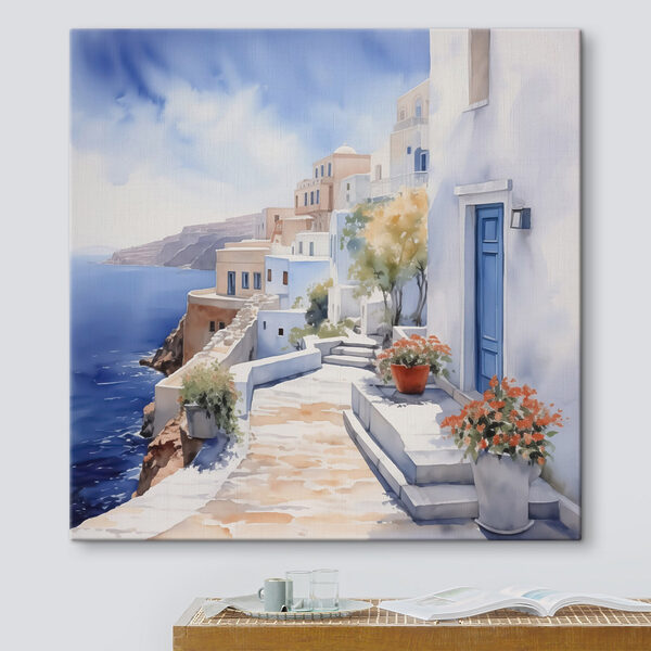 Cuadros Acuarela de un edificio blanco con puertas azules y flores en un acantilado (SKU: s43346) Cuadros Cuadros Acuarela de un edificio blanco con puertas azules y flores en un acantilado (SKU: s43346)