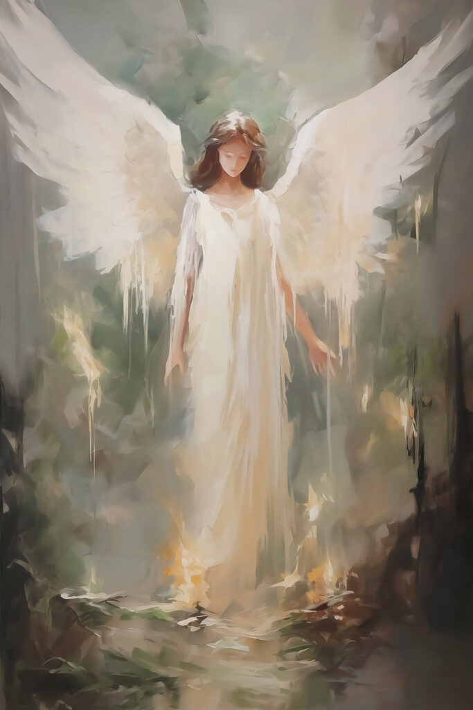 Painting of a woman in a white dress with wings Painting of a woman in a white dress with wings