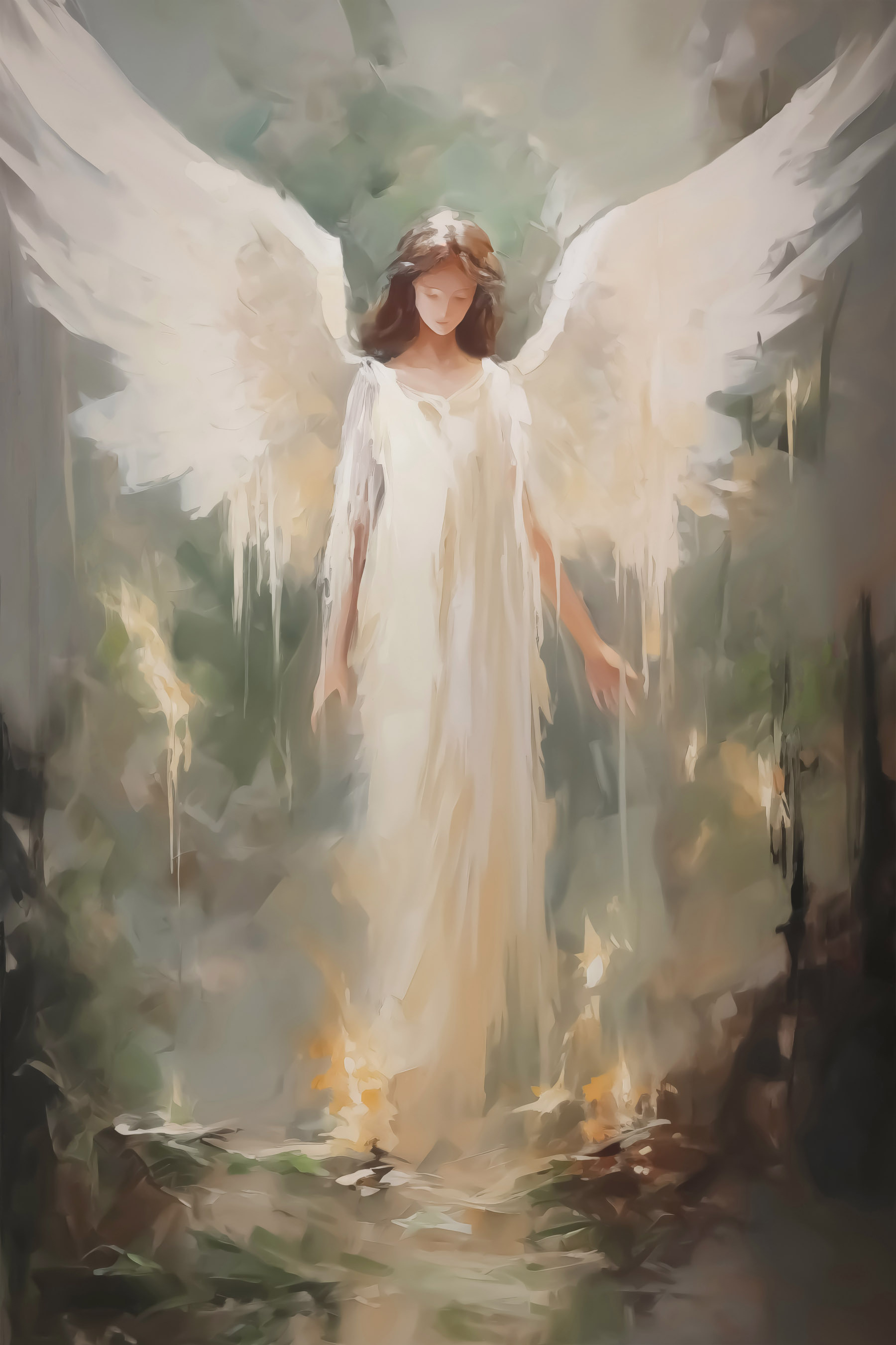 Painting of a woman in a white dress with wings Painting of a woman in a white dress with wings