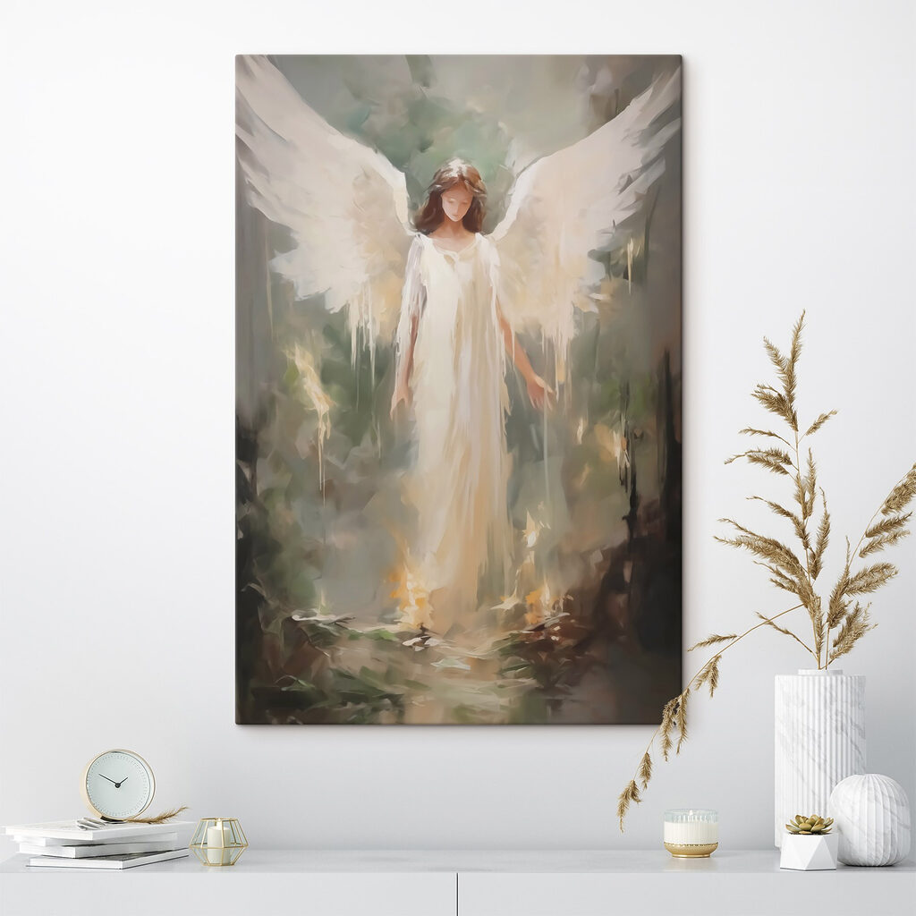 Painting of a woman in a white dress with wings Painting of a woman in a white dress with wings