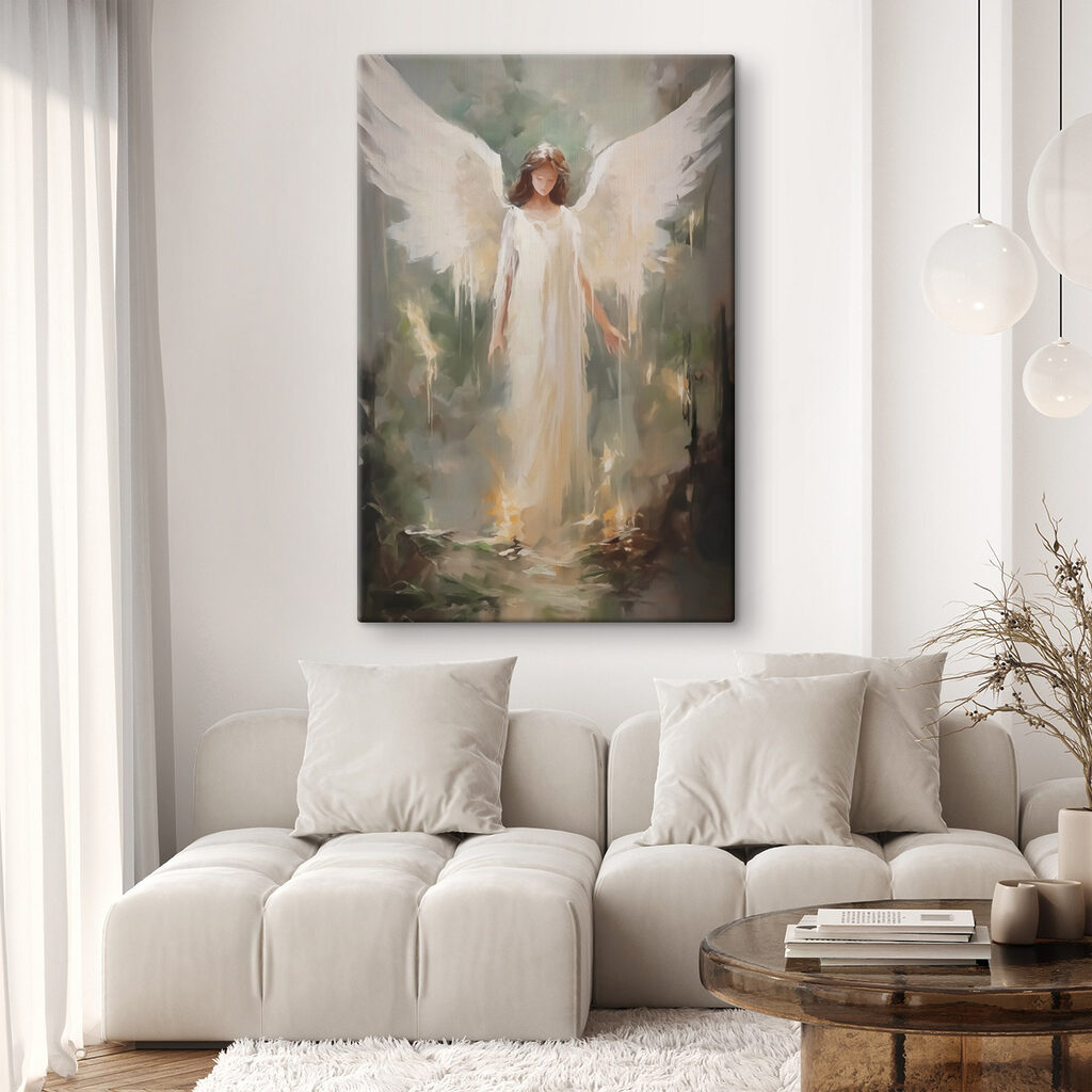 Painting of a woman in a white dress with wings Painting of a woman in a white dress with wings