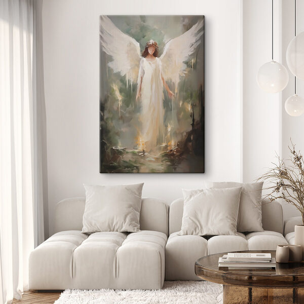 Painting of a woman in a white dress with wings Painting of a woman in a white dress with wings