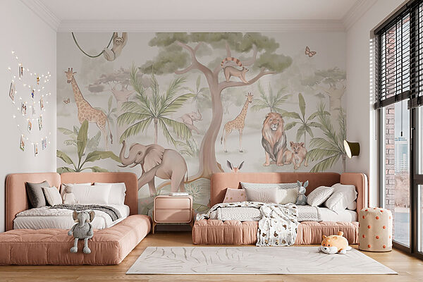 Wallpaper with animals and trees