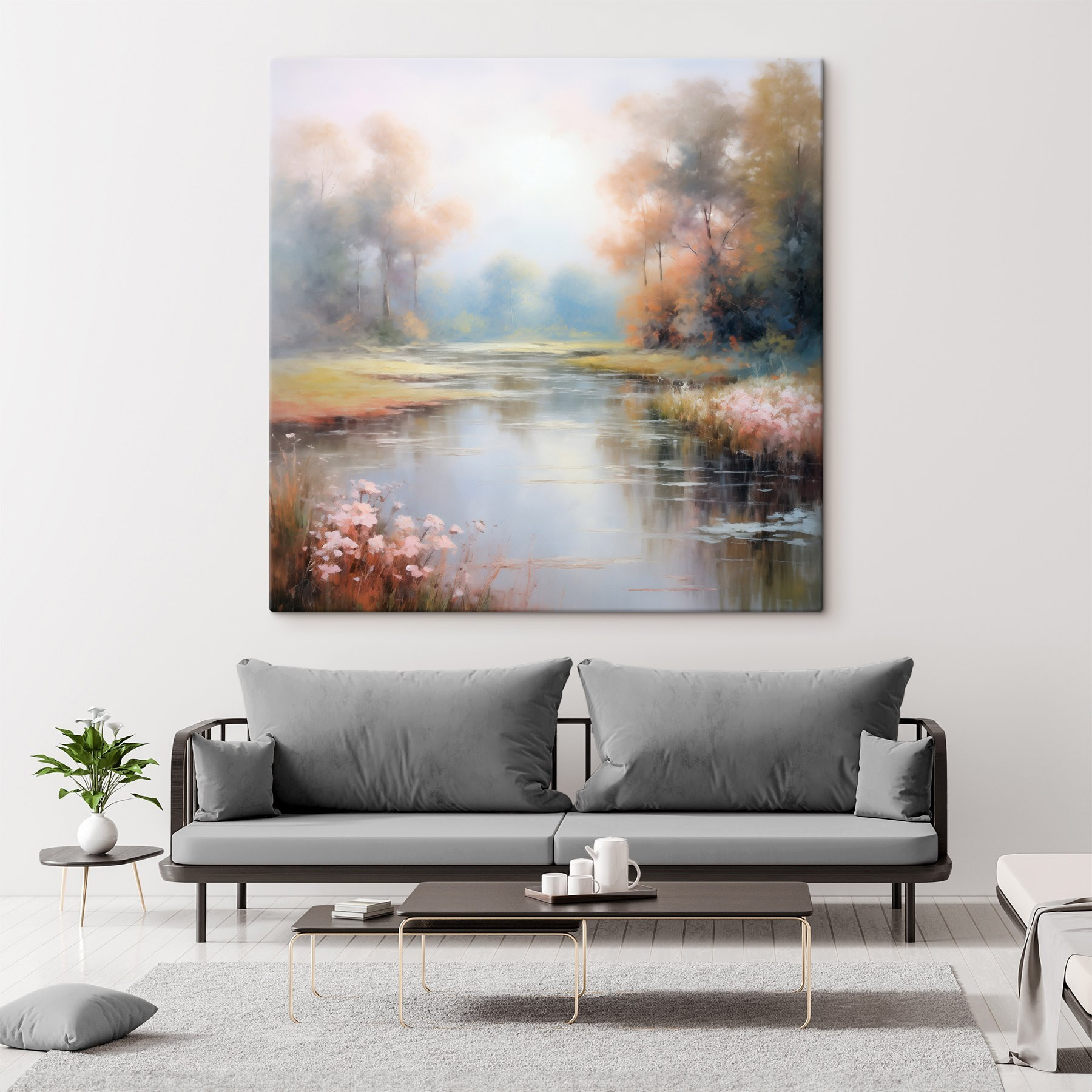 Painting of a river with trees and grass Painting of a river with trees and grass