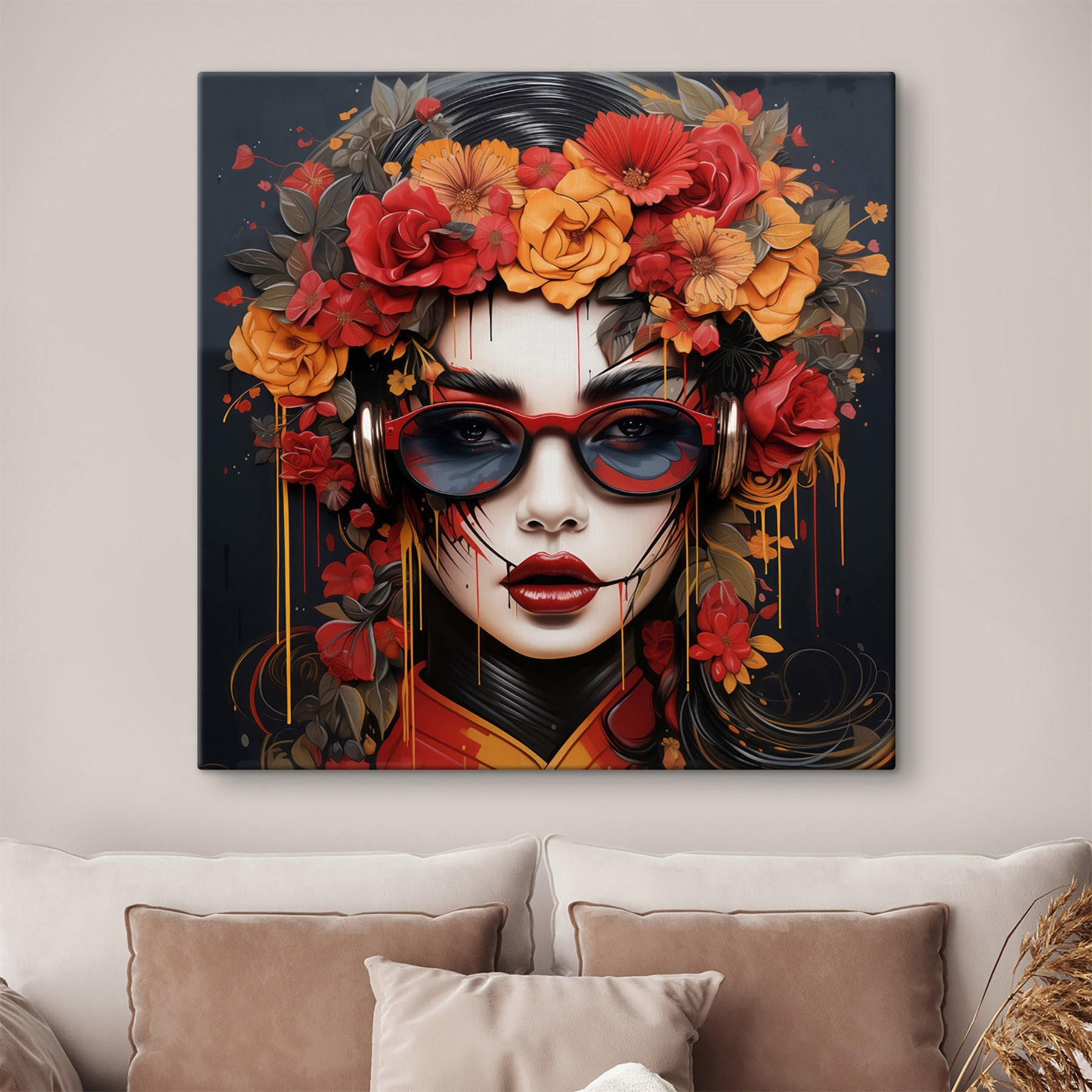 Woman with flowers in her hair and glasses Woman with flowers in her hair and glasses
