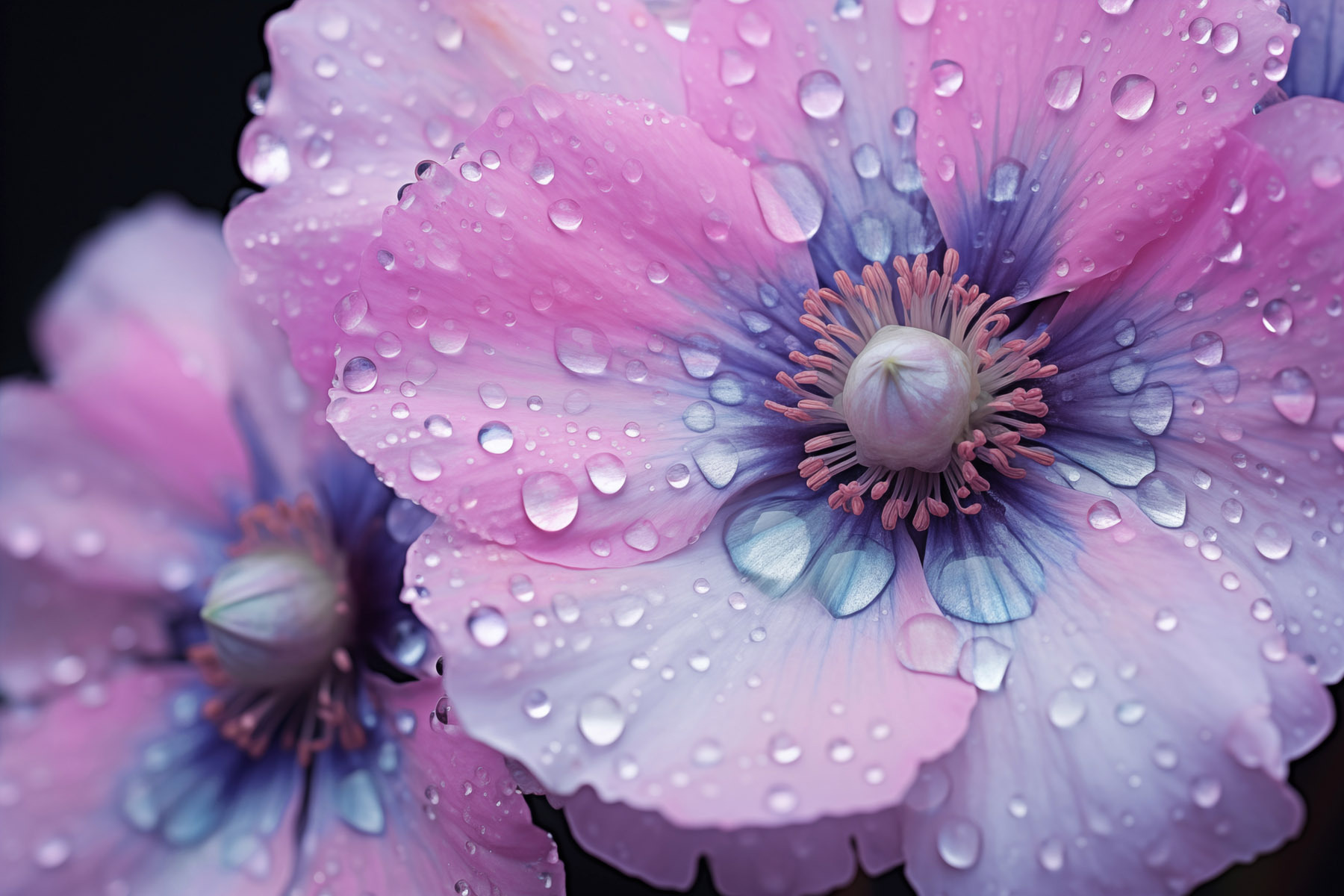 Delicate flowers adorned with water droplets Delicate flowers adorned with water droplets