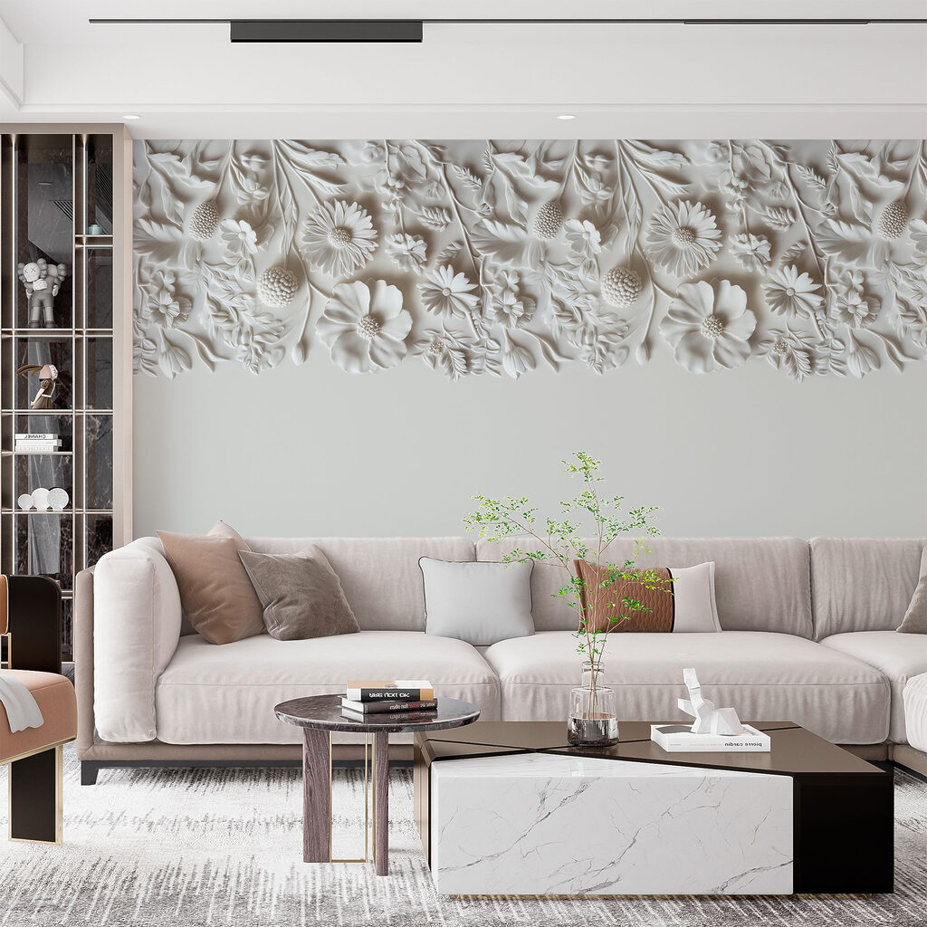 White floral design on a wall