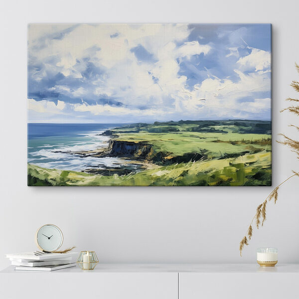 Painting of a landscape with a cliff and water