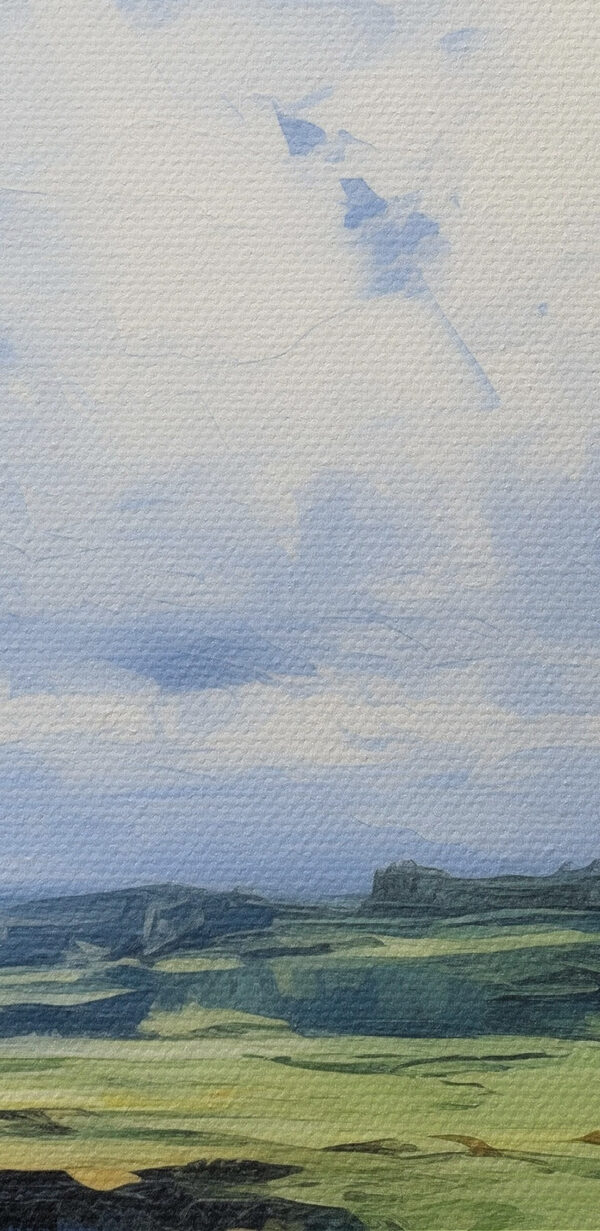 Painting of a landscape with a cliff and water