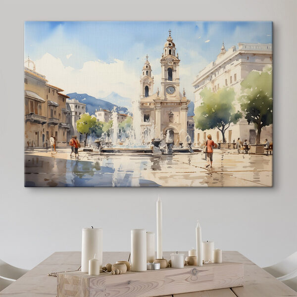 Cuadros Acuarela de un edificio con una fuente delante (SKU: s43397) Cuadros Cuadros Acuarela de un edificio con una fuente delante (SKU: s43397)