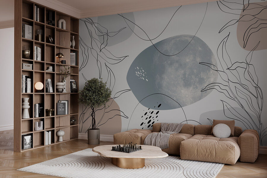 Luna y plantas sobre fondo blanco