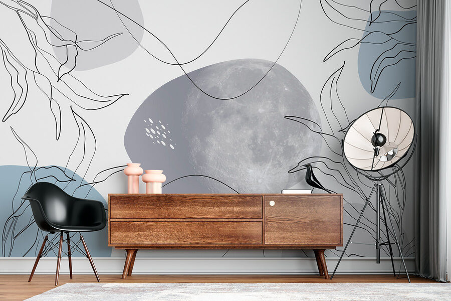 Luna y plantas sobre fondo blanco