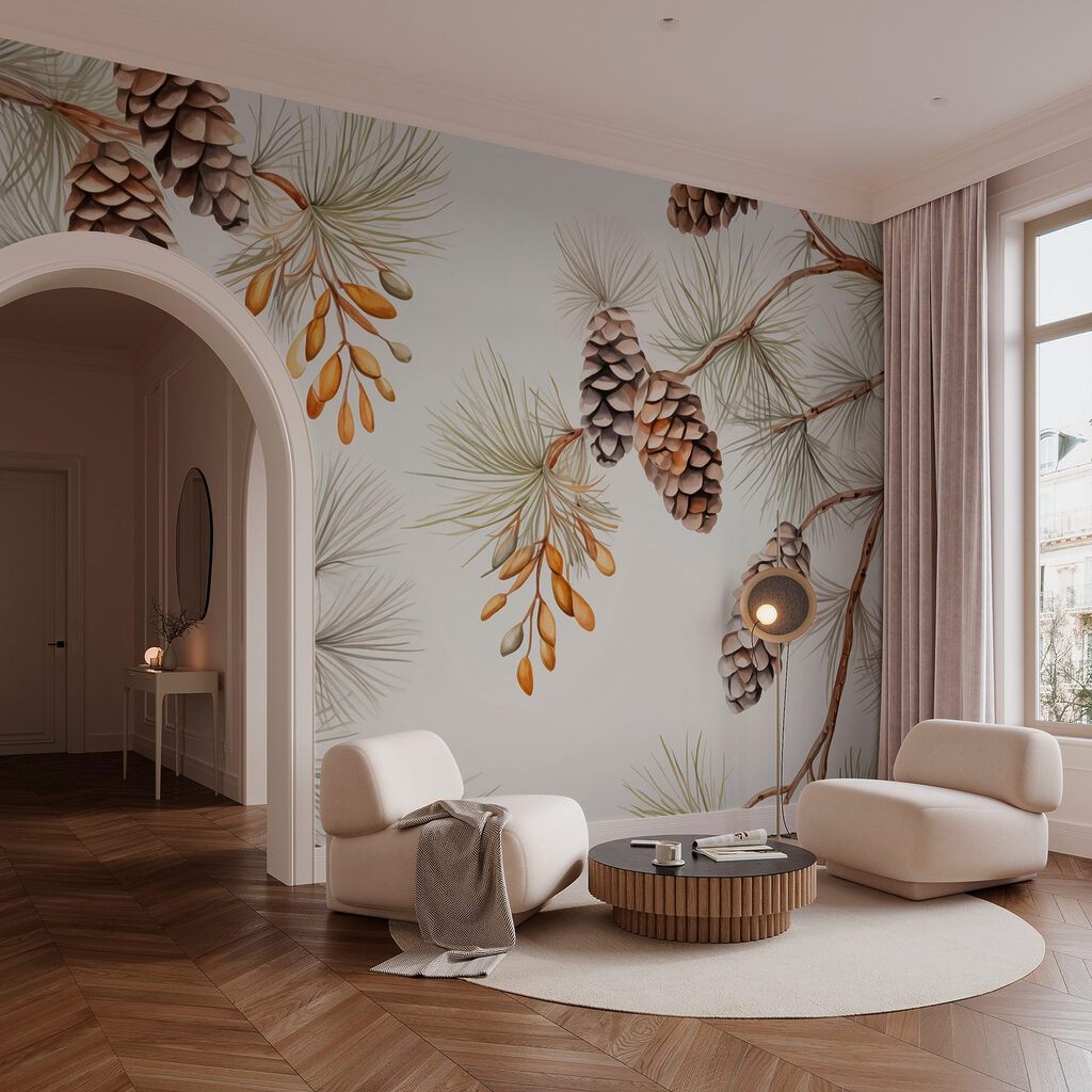 Pattern of pine cones and needles