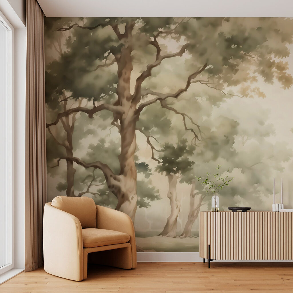 Watercolor painting of trees and a river