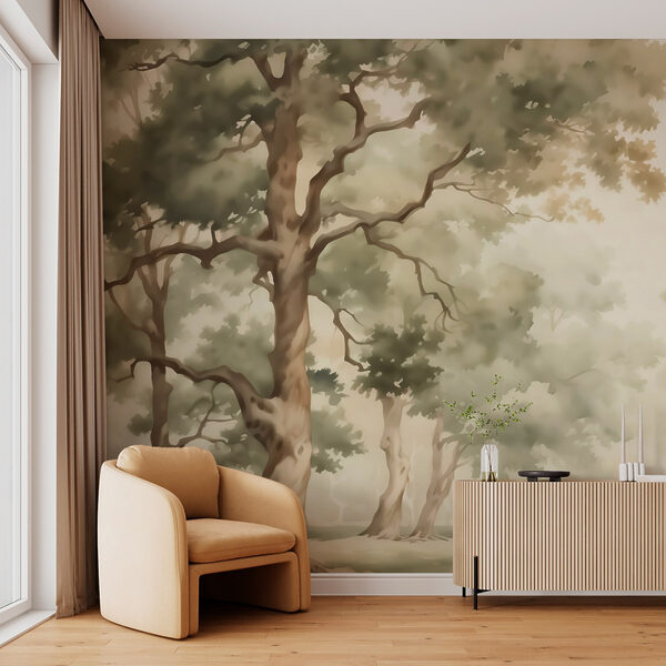 Watercolor painting of trees and a river