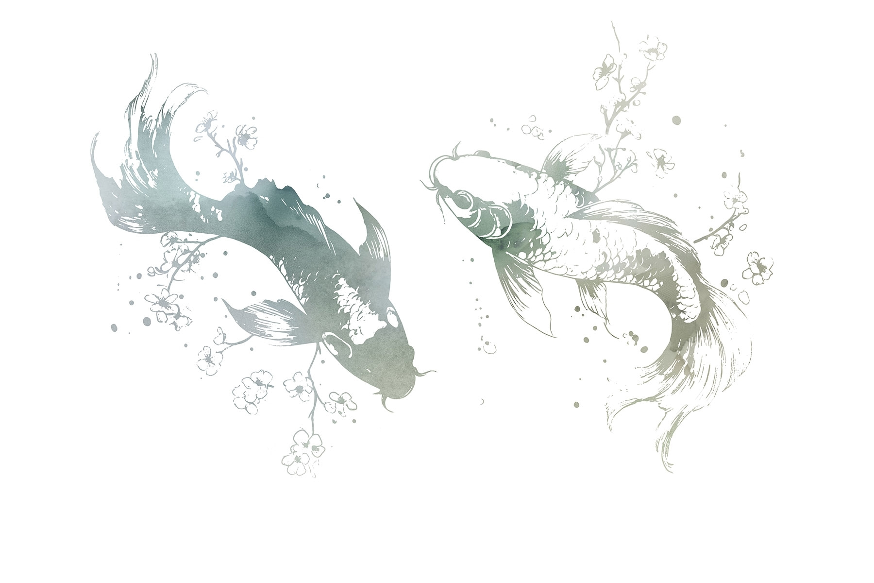 Two fish with flowers and leaves