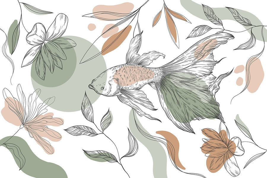 Peces y plantas sobre fondo blanco