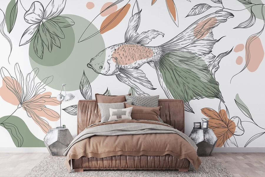 Peces y plantas sobre fondo blanco