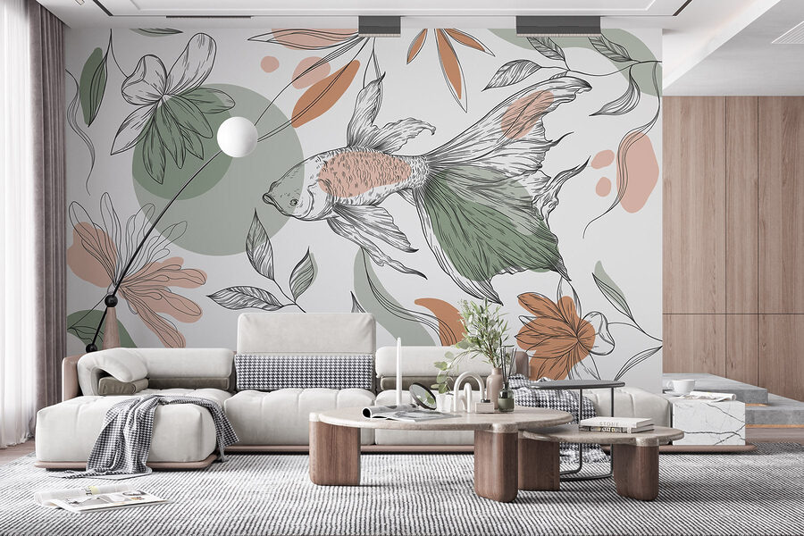 Peces y plantas sobre fondo blanco