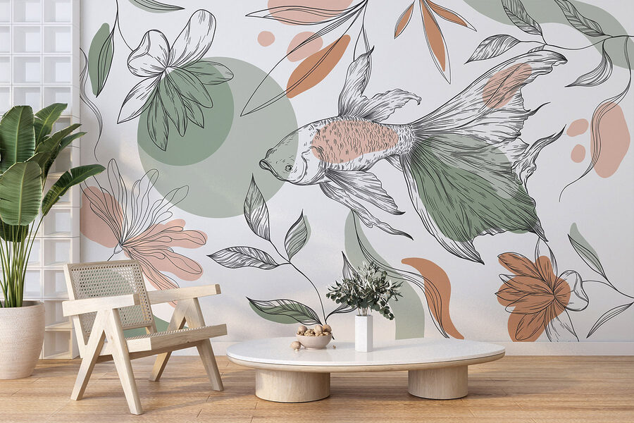 Peces y plantas sobre fondo blanco